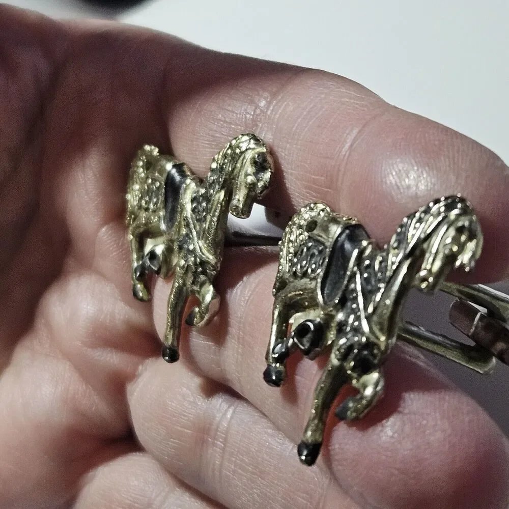 Silver Tone With Black Saddled Horse Vintage Cufflinks
